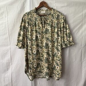 Melloday 2X Floral Smocked Blouse Green Yellow White‎ Top Ruffle Sleeves Boho